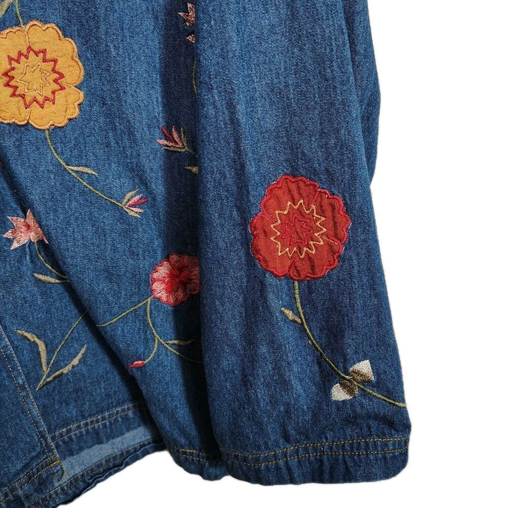 Vintage Embroidered Denim Shirt Jacket Womens 2X Floral Button Front Boho Folk - Picture 6 of 12